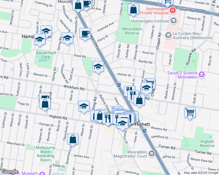 map of restaurants, bars, coffee shops, grocery stores, and more near 18 Stayner Grove in Moorabbin