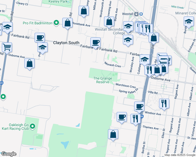 map of restaurants, bars, coffee shops, grocery stores, and more near 136-176 Osborne Avenue in Clayton South