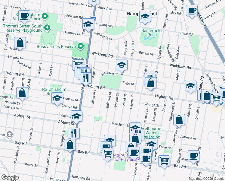 map of restaurants, bars, coffee shops, grocery stores, and more near 138 Highett Road in Highett