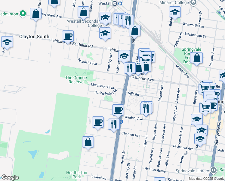 map of restaurants, bars, coffee shops, grocery stores, and more near 11 Spring Valley Drive in Clayton South