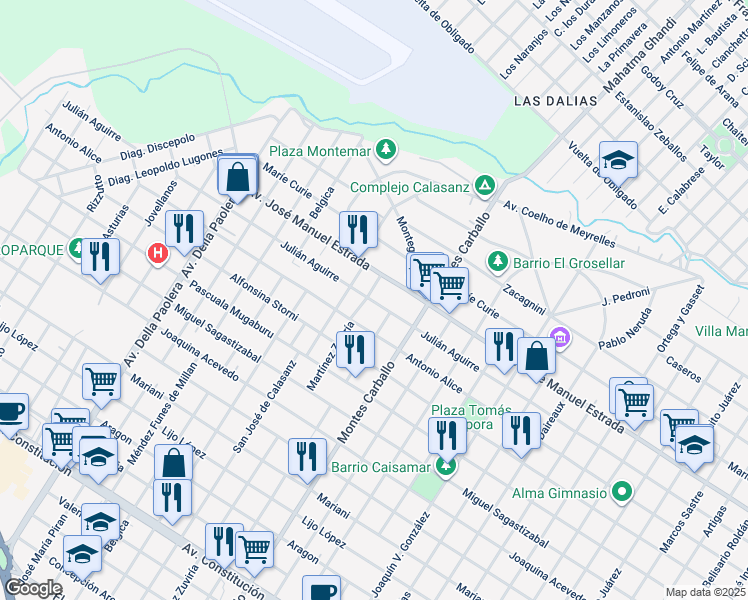 map of restaurants, bars, coffee shops, grocery stores, and more near 6800 Julián Aguirre in Mar del Plata