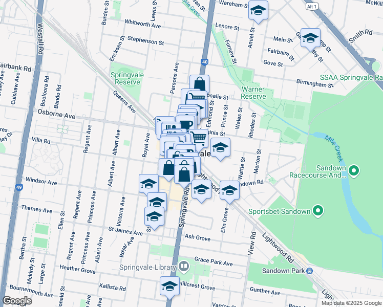 map of restaurants, bars, coffee shops, grocery stores, and more near in Springvale