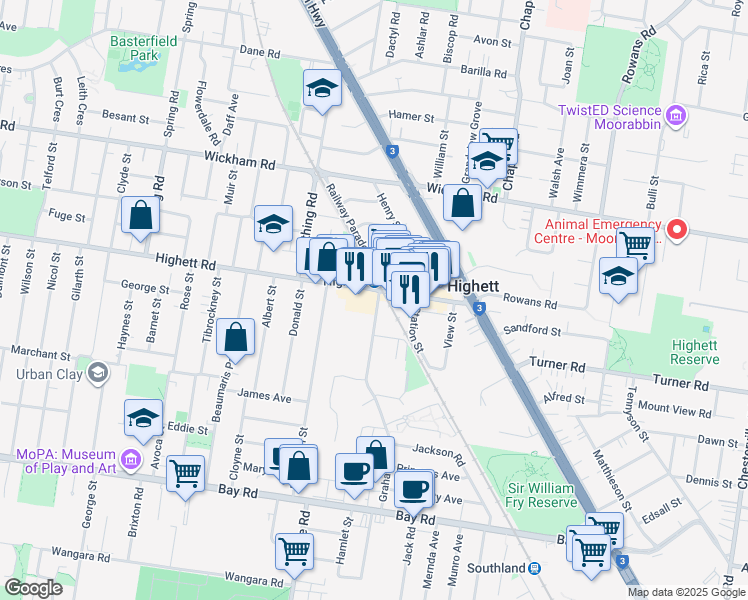 map of restaurants, bars, coffee shops, grocery stores, and more near 75 Graham Road in Highett