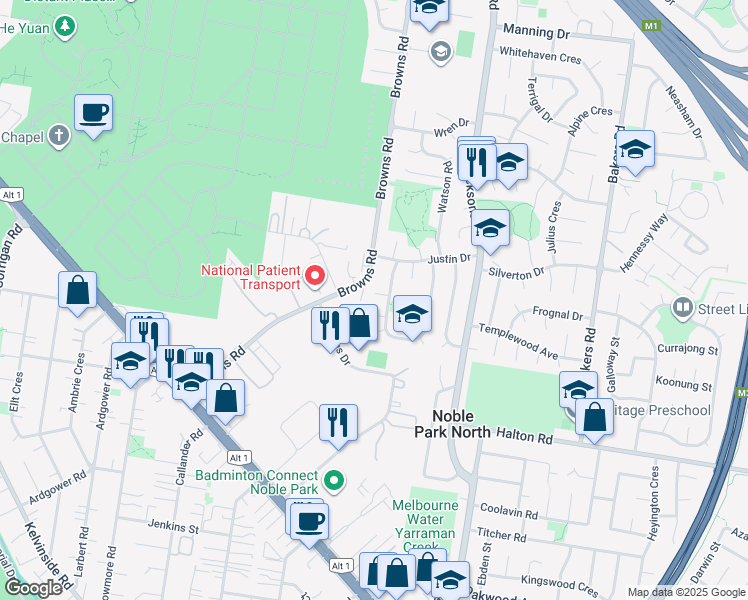 map of restaurants, bars, coffee shops, grocery stores, and more near 2 Wara Close in Noble Park North