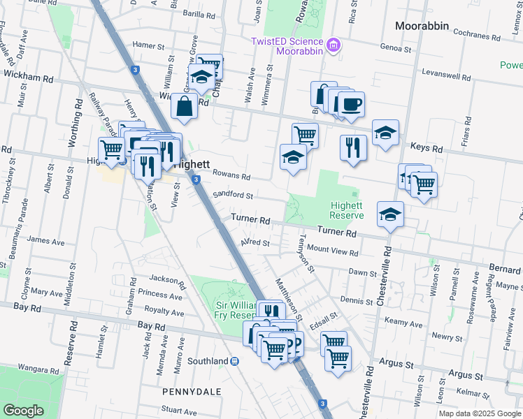 map of restaurants, bars, coffee shops, grocery stores, and more near 19 Turner Road in Highett