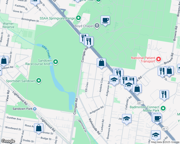 map of restaurants, bars, coffee shops, grocery stores, and more near 49 Ellt Crescent in Noble Park