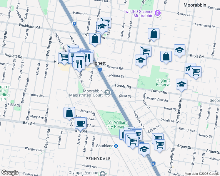 map of restaurants, bars, coffee shops, grocery stores, and more near Nepean Highway in Highett
