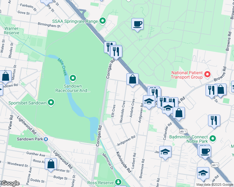 map of restaurants, bars, coffee shops, grocery stores, and more near 47 Ellt Crescent in Noble Park