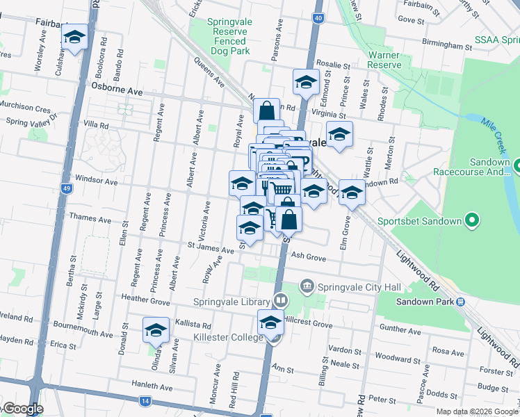 map of restaurants, bars, coffee shops, grocery stores, and more near 8 Windsor Avenue in Springvale
