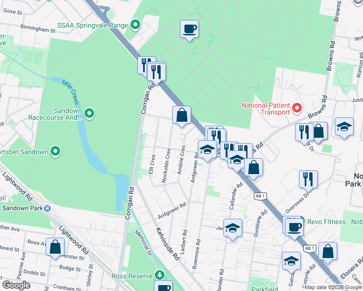 map of restaurants, bars, coffee shops, grocery stores, and more near 42 Ambrie Crescent in Noble Park