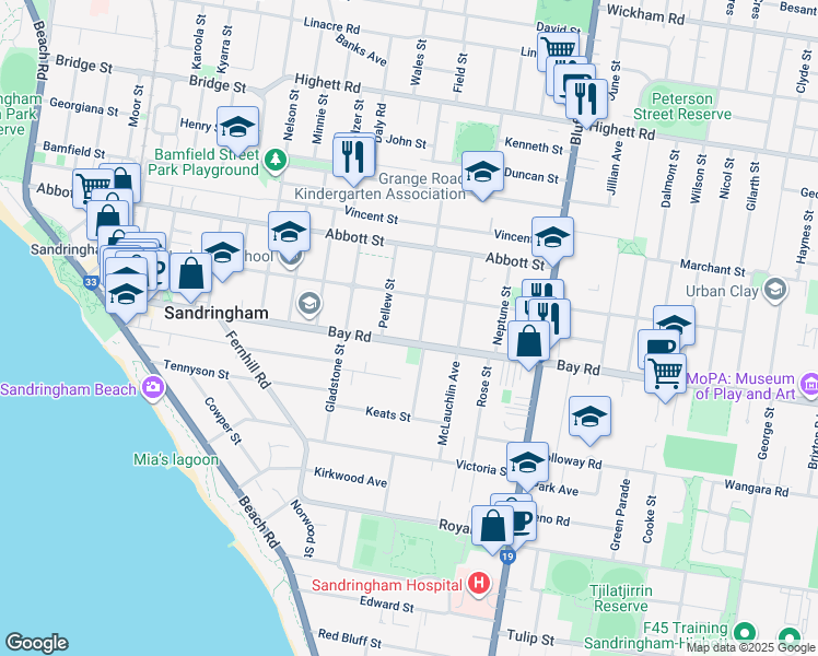 map of restaurants, bars, coffee shops, grocery stores, and more near 111 Bay Road in Sandringham