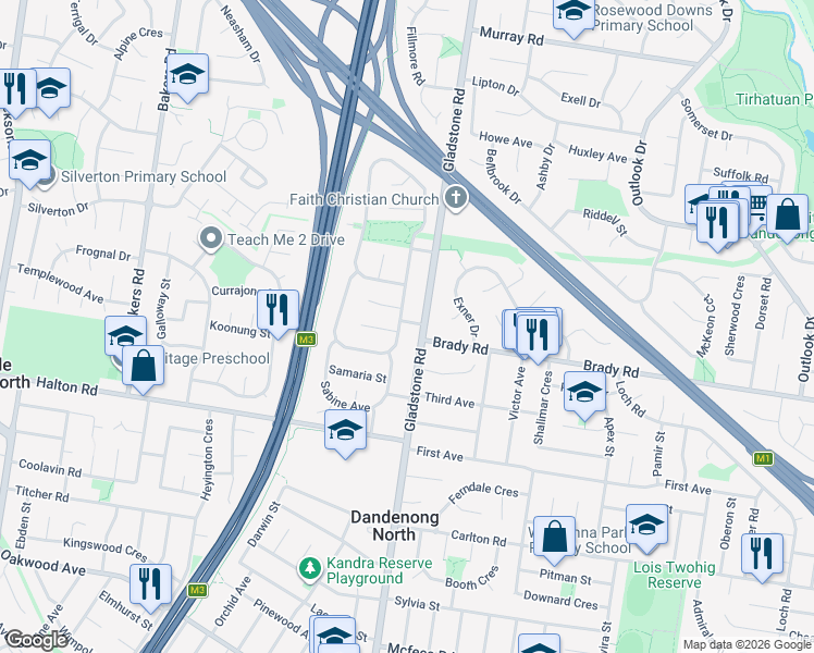 map of restaurants, bars, coffee shops, grocery stores, and more near 1 Rawdon Hill Drive in Dandenong North