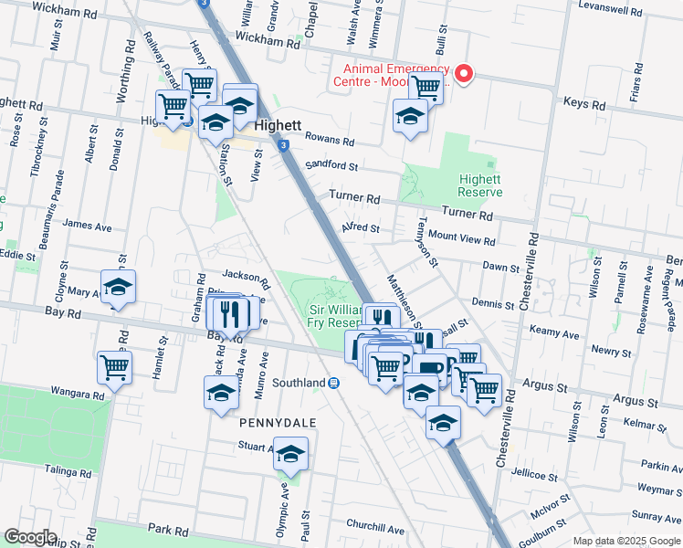 map of restaurants, bars, coffee shops, grocery stores, and more near 1148 Nepean Highway in Highett