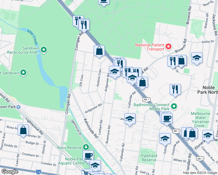 map of restaurants, bars, coffee shops, grocery stores, and more near 41 Ardgower Road in Noble Park