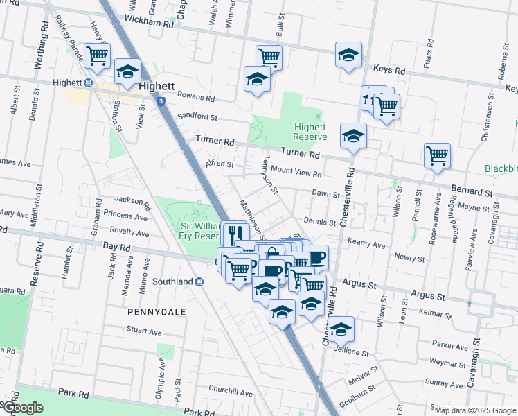 map of restaurants, bars, coffee shops, grocery stores, and more near 1 Connors Street in Highett