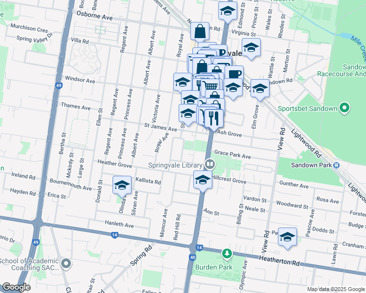map of restaurants, bars, coffee shops, grocery stores, and more near The Crescent in Springvale