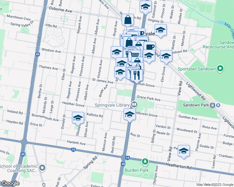 map of restaurants, bars, coffee shops, grocery stores, and more near The Crescent in Springvale