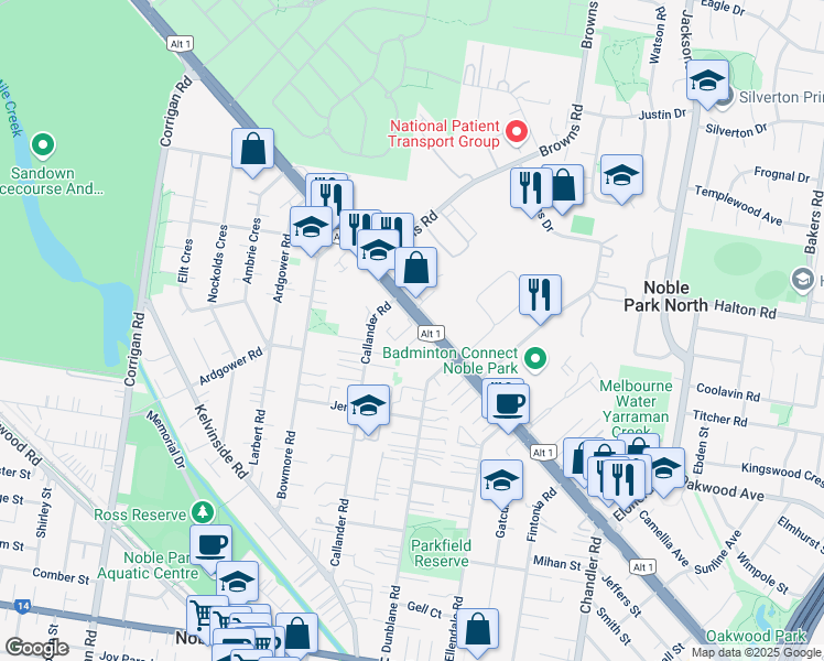 map of restaurants, bars, coffee shops, grocery stores, and more near 475 Princes Highway in Noble Park