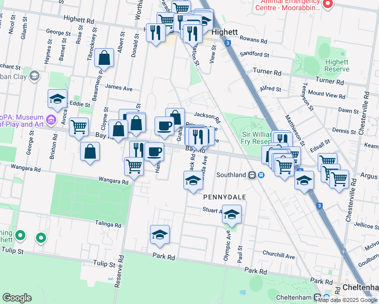 map of restaurants, bars, coffee shops, grocery stores, and more near 338 Bay Road in Cheltenham