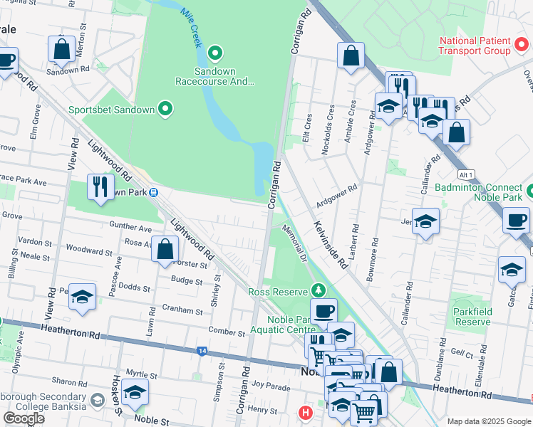 map of restaurants, bars, coffee shops, grocery stores, and more near 54 Corrigan Road in Noble Park