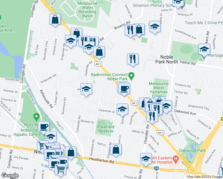 map of restaurants, bars, coffee shops, grocery stores, and more near 443 Princes Highway in Noble Park