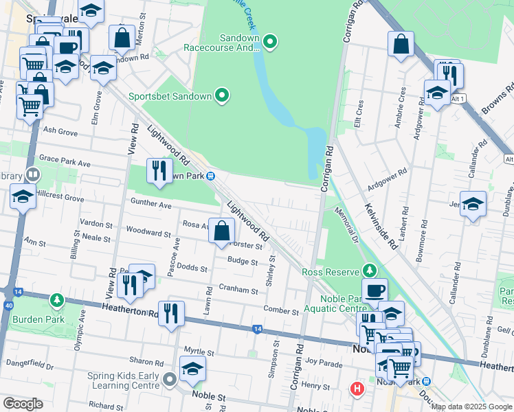 map of restaurants, bars, coffee shops, grocery stores, and more near 2 Alamein Street in Noble Park