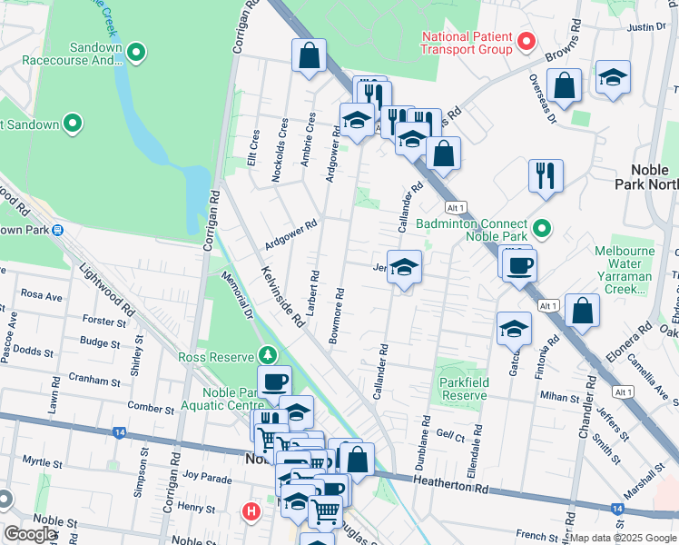 map of restaurants, bars, coffee shops, grocery stores, and more near 22 Bowmore Road in Noble Park
