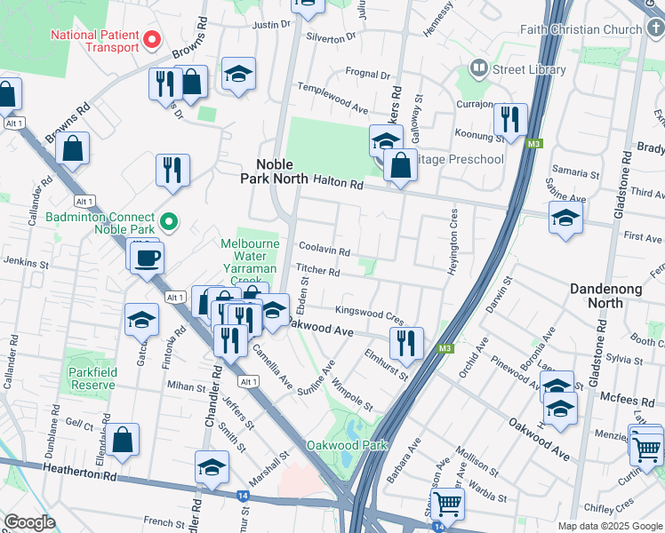 map of restaurants, bars, coffee shops, grocery stores, and more near 19 Titcher Road in Noble Park North