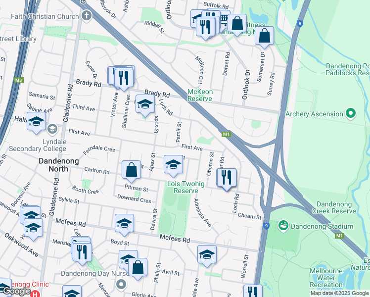map of restaurants, bars, coffee shops, grocery stores, and more near 94 First Avenue in Dandenong North