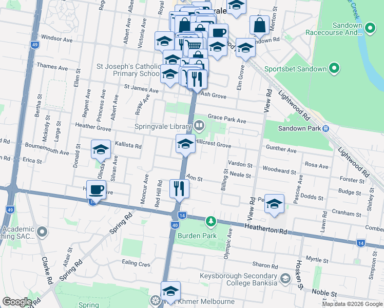 map of restaurants, bars, coffee shops, grocery stores, and more near 423 Springvale Road in Springvale