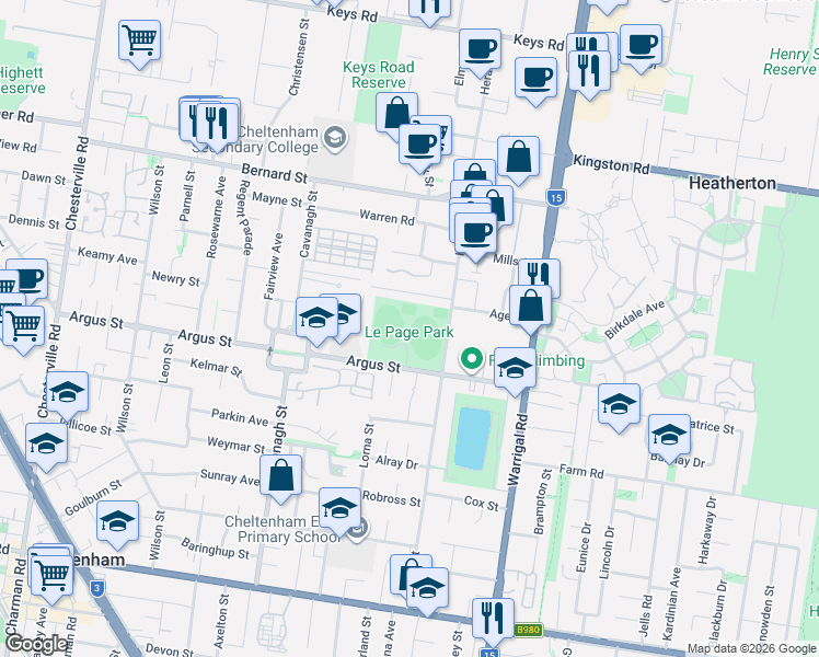 map of restaurants, bars, coffee shops, grocery stores, and more near 79A Argus Street in Cheltenham