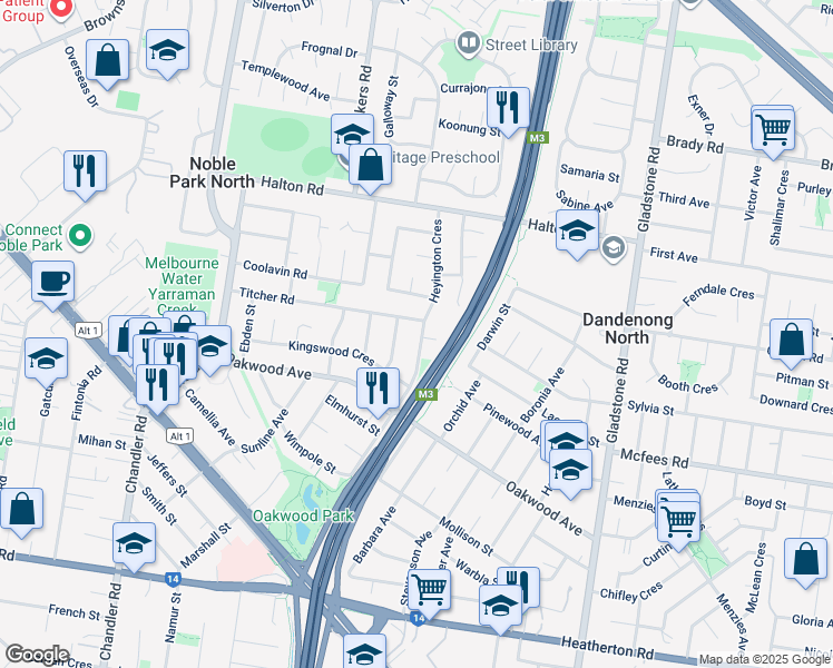 map of restaurants, bars, coffee shops, grocery stores, and more near 58 Heyington Crescent in Noble Park North