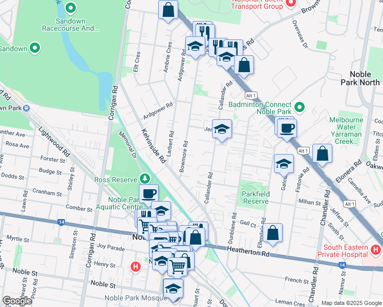 map of restaurants, bars, coffee shops, grocery stores, and more near 1 Mitchell Court in Noble Park