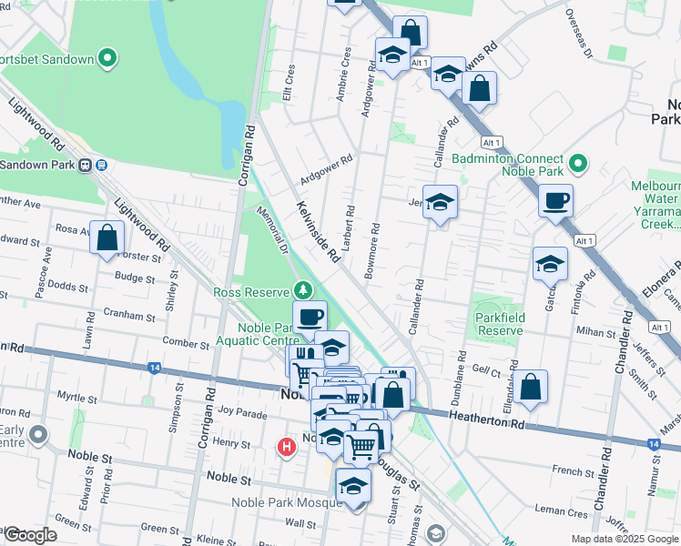 map of restaurants, bars, coffee shops, grocery stores, and more near 72 Kelvinside Road in Noble Park