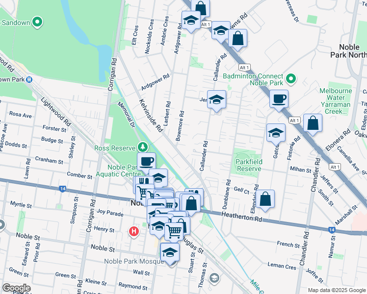 map of restaurants, bars, coffee shops, grocery stores, and more near 2 Hay Court in Noble Park