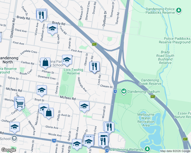 map of restaurants, bars, coffee shops, grocery stores, and more near 9 Teal Court in Dandenong North