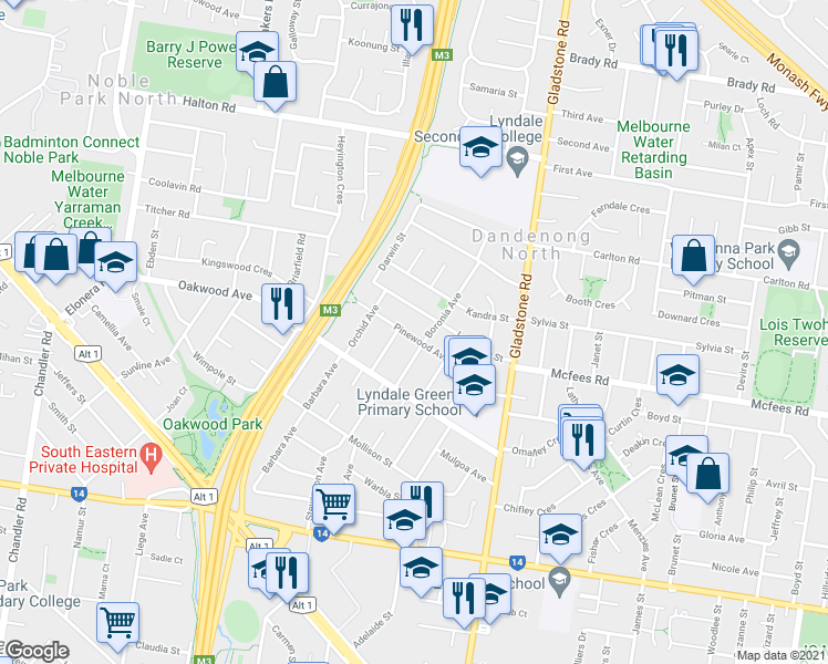 map of restaurants, bars, coffee shops, grocery stores, and more near 21 Pinewood Avenue in Dandenong North