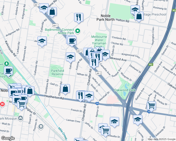 map of restaurants, bars, coffee shops, grocery stores, and more near 2 Chandler Road in Noble Park