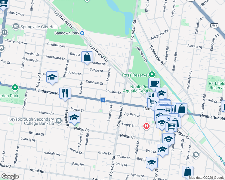 map of restaurants, bars, coffee shops, grocery stores, and more near 7 Comber Street in Noble Park