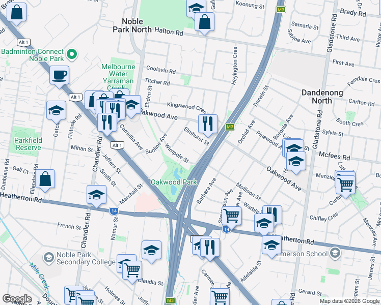 map of restaurants, bars, coffee shops, grocery stores, and more near 7 Springfield Court in Noble Park North
