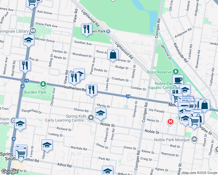 map of restaurants, bars, coffee shops, grocery stores, and more near 61 Lawn Road in Noble Park