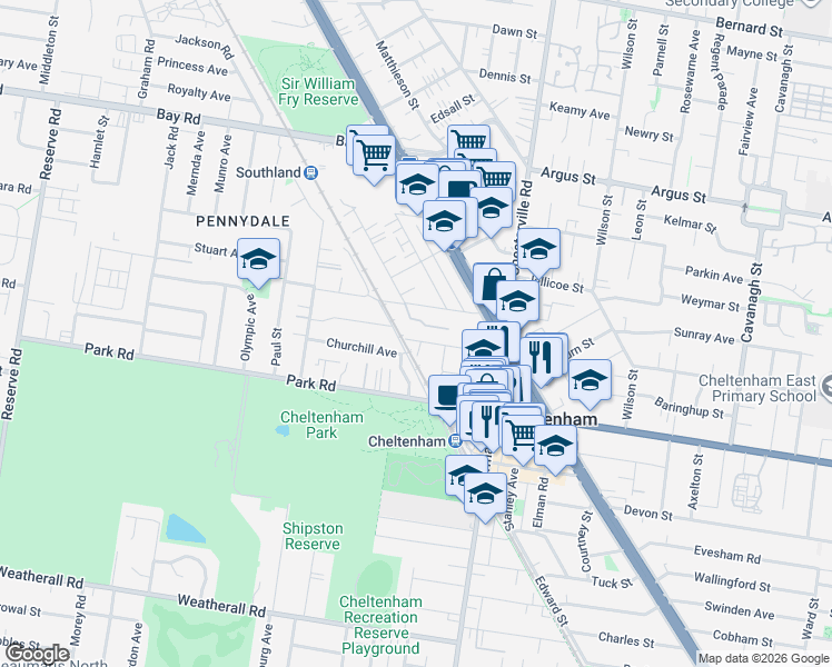 map of restaurants, bars, coffee shops, grocery stores, and more near 7 Barker Street in Cheltenham