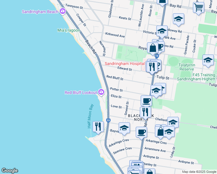 map of restaurants, bars, coffee shops, grocery stores, and more near 207 Beach Road in Black Rock