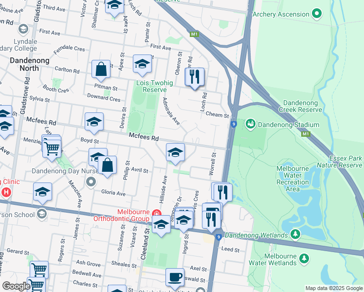 map of restaurants, bars, coffee shops, grocery stores, and more near 136 Mcfees Road in Dandenong North