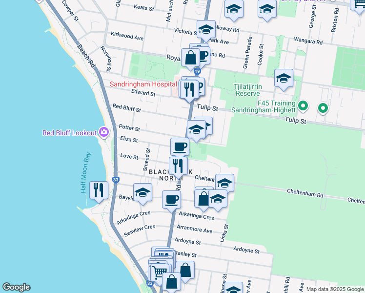 map of restaurants, bars, coffee shops, grocery stores, and more near 57 Eliza Street in Black Rock