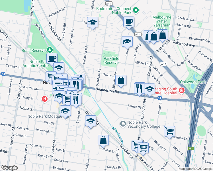 map of restaurants, bars, coffee shops, grocery stores, and more near 1199 Heatherton Road in Noble Park