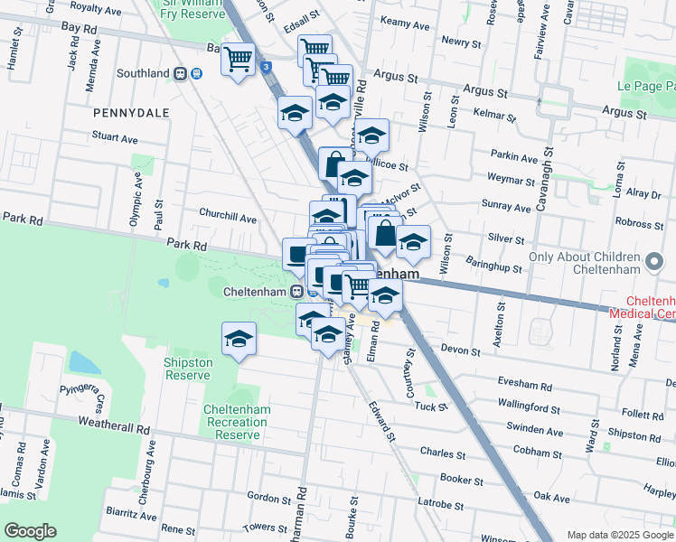 map of restaurants, bars, coffee shops, grocery stores, and more near 348 Charman Road in Cheltenham