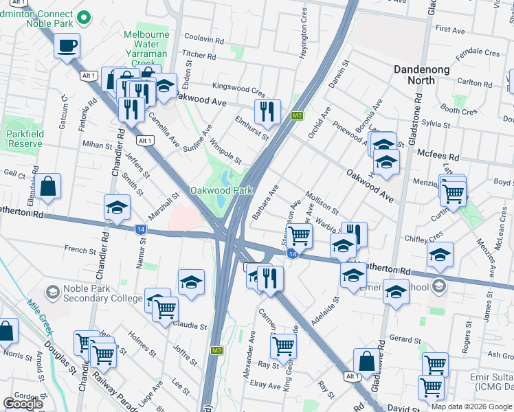 map of restaurants, bars, coffee shops, grocery stores, and more near 18 Barbara Avenue in Dandenong North