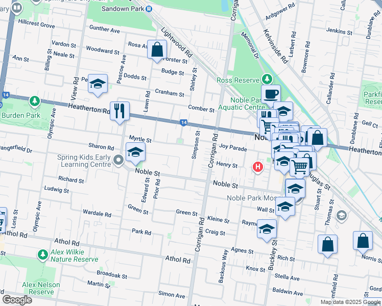 map of restaurants, bars, coffee shops, grocery stores, and more near 18 Simpson Street in Noble Park