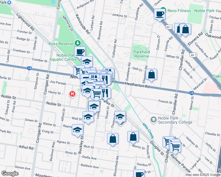 map of restaurants, bars, coffee shops, grocery stores, and more near 4 Roberts Street in Noble Park